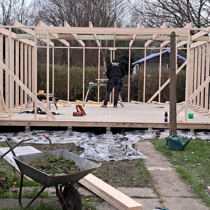 Garden room timber frame being constructed