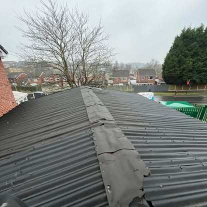 Corrugated metal outbuilding roof elevated suburban view