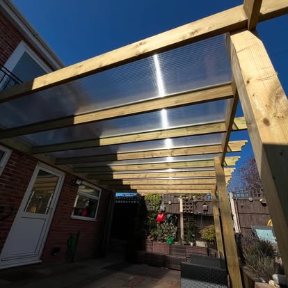 Polycarbonate roof panels viewed from underneath pergola