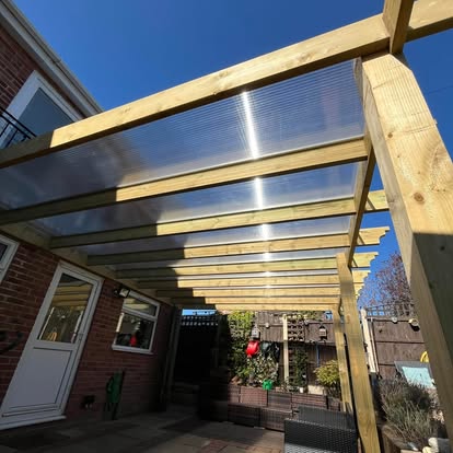 Completed polycarbonate pergola interior angle looking up