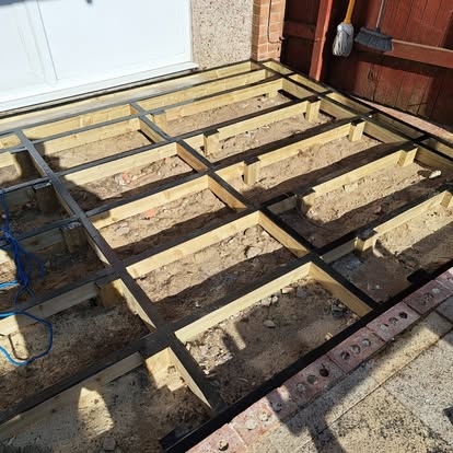Decking subframe with timber joists full overhead view