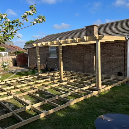 Timber pergola frame and deck joists at bungalow