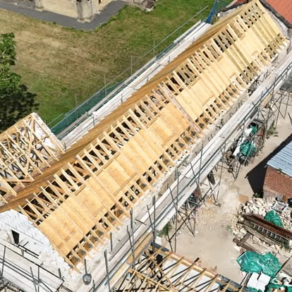 Aerial view of new roof timber structure